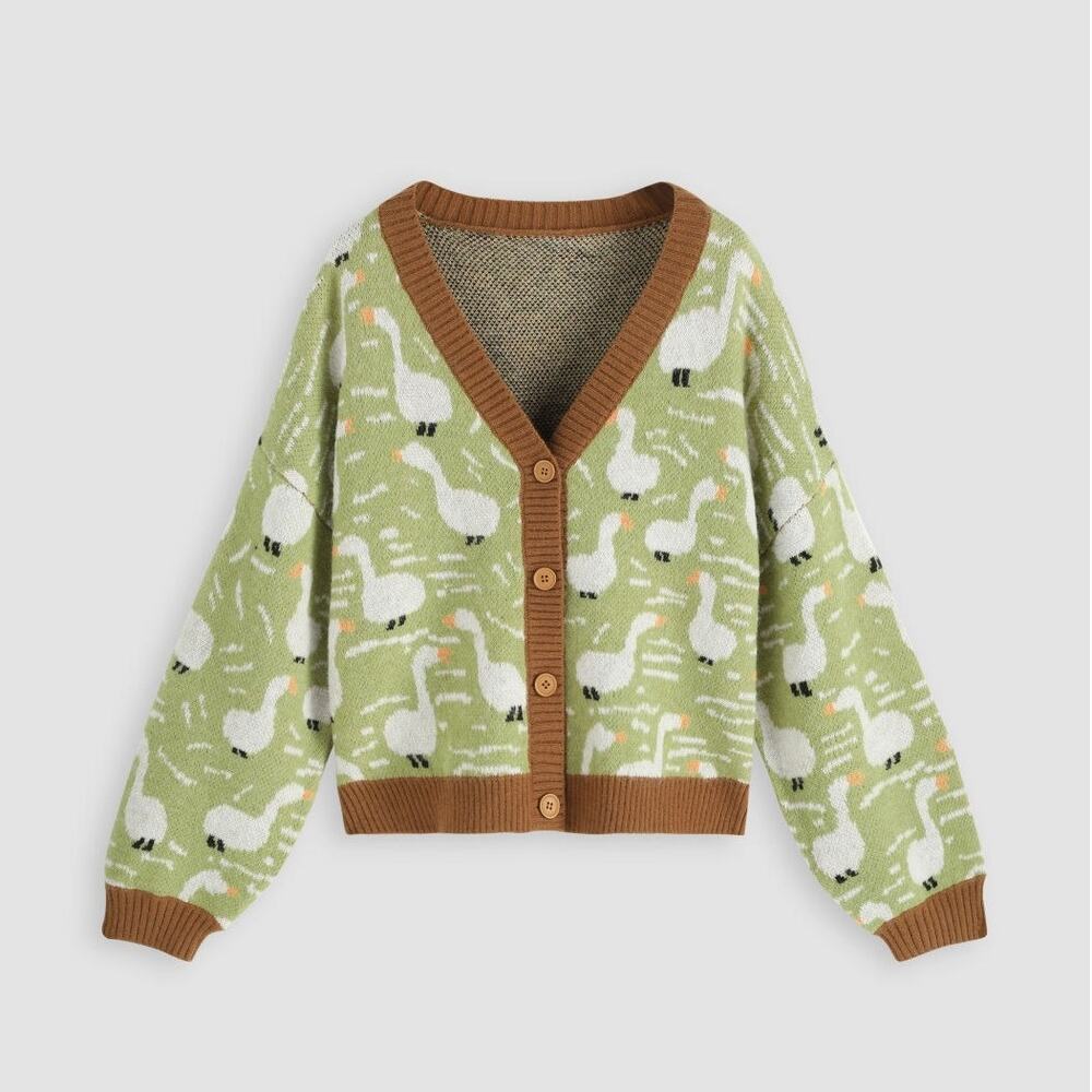CIDER Duck Pattern Button Cardigan Green Brown Kn… - image 1
